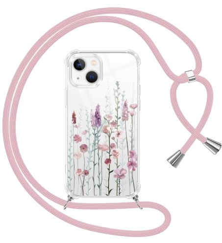 Yoedge Cover con Cordino per iPhone 13 mini 5,4, Custodia Trasparente con Aesthetic Disegni Floreale 3, Sottile Morbido TPU Silicone + PC Antiurto Protettiva Case con Collana Tracolla Laccio Collo