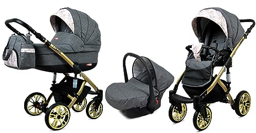 BabyLux® Kinderwagen Set 3 in 1 - Lumio - incl. Babywanne, Buggy Sportsitz, Auto-Babyschale - Autositz - Kinderwagenset - Kombikinderwagen mit Wickeltasche, Regenschutz usw.