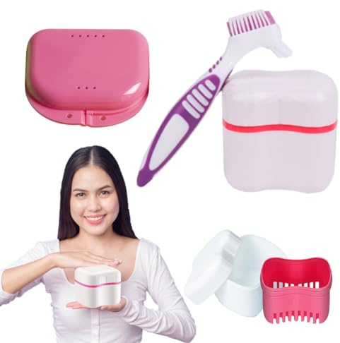BUKCYUE Prothesen Aufbewahrungsbox, Zahnprothese Box, Prothesenbecher, Prothese Box, Prothesen Behälter, Zahnprothese Etui, mit Prothesen Reinigerbürsten, Für Falsche Zähne Lagerung Reinigung, Rosa