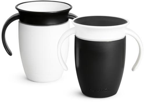 Munchkin Miracle 360 6+ Month 7oz Baby Sippy Cups (2-Pack). Free Flow Beaker for Toddlers. Trainer Cup, BPA-Free, Spill-Free, Dishwasher-Safe Baby Water Bottle with Easy-Grip Handles. (Black/White)