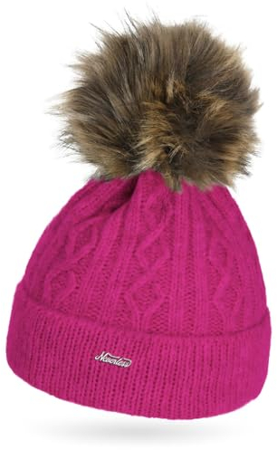 Neverless® Damen Strick-Mütze ohne Futter Fell-Bommel Kunstfell Bommelmütze Zopfstrickmuster Umschlag Pink Unisize