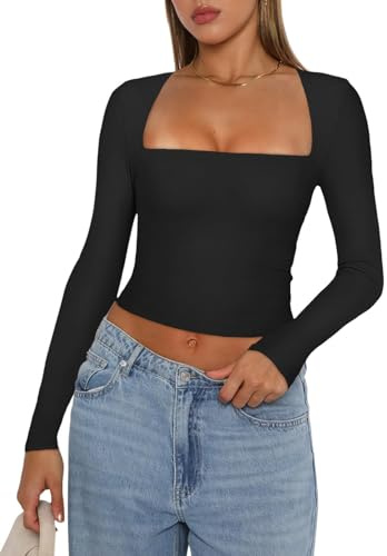 YILEEGOO Women Y2K Long Sleeve Tops Sexy Low Cut Square Neck Basic Tops Blouse Casual Slim Fit Solid Color Crop Top Tight T-Shirt