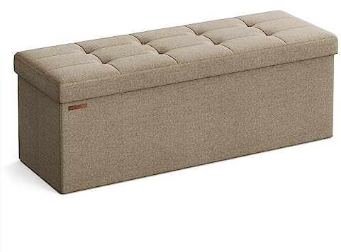 SONGMICS MAZIE Collection - Storage Ottoman Bench, 110 cm Folding Foot Rest Stool, End of Bed Bench, Easy Assembly, for Living Room, Bedroom, Entryway, Camel Brown LSF077K51