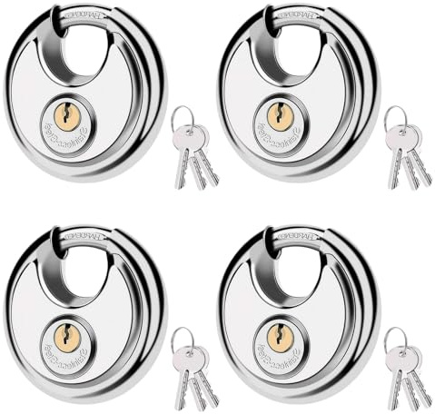 70MM Discus Padlock with Same 3 Brass Keys,304 Stainless Steel Disc Lock with Brass Gallows to Prevent Rusting,Thick Sturdy Hook to Prevent Picking.4 Pack-XZJYYF
