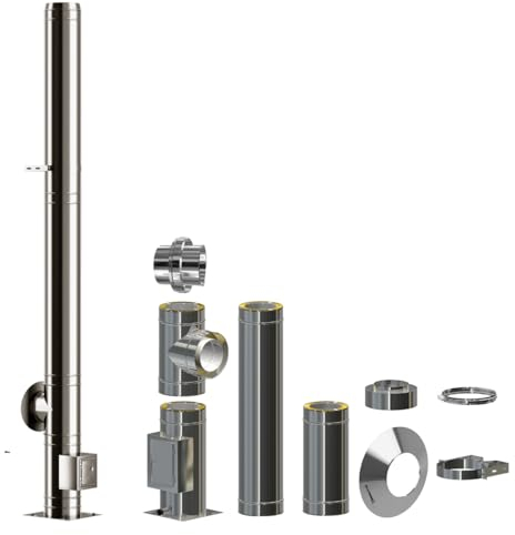 Edelstahlschornstein Bausatz doppelwandig | 0,5mm Wandung | 30mm Dämmung | DN 113mm gestreckte Länge 5,2m| Esse Schlot Kamin