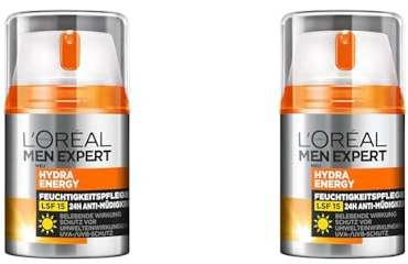 L'Oréal Men Expert Gesichtspflege mit LSF 15, Feuchtigkeitscreme mit Sonnenschutz, Mit Guarana und Vitamin C, Hydra Energy Feuchtigkeitspflege 24H Anti-Müdigkeit, 1 x 50 ml (Packung mit 2)