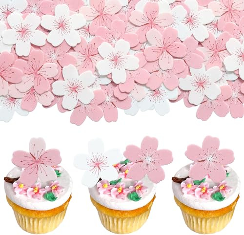 Gyufise 60Pcs Edible Flowers Cake Decorations Cherry Blossoms Sakura Rice Paper Wafer Paper Cake Cupcake Topper Birthday Party Food Decorations Supplies