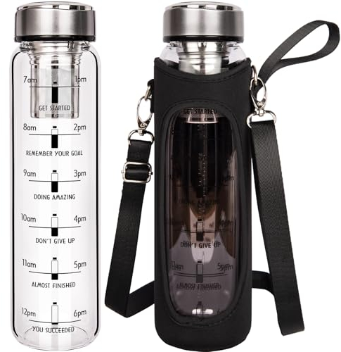 DEARRAY 1 litro Bottiglia da Tè in Vetro con Infusore in Acciaio Inossidabile 1000 ml, Borraccia in Vetro Borosilicato con Custodia in Neoprene ed Tappo in Acciaio Inossidabile