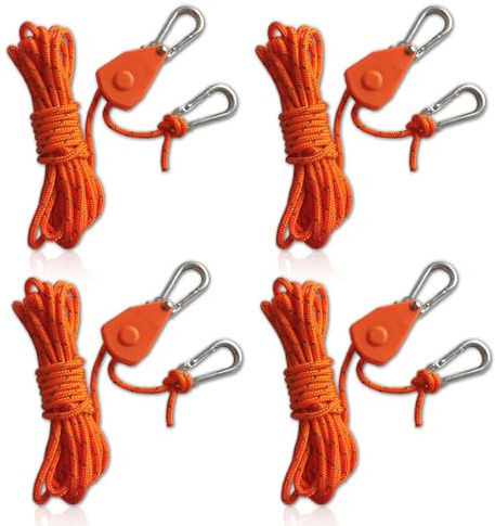 4 PCS Reflective Tent Guy Ropes, 1/8 Inch Tent Guide Rope Tensioners with Pulley 4mm Outdoor Camping Rope Cord Heavy Duty Ratchet Ropes with Aluminum Adjuster (Orange)