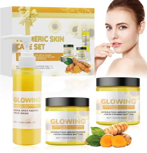 Horuili® Set de Cuidado de la Piel Con Cúrcuma 3 en 1 - Lavado Facial, Crema, Exfoliantes, Esencia Hidratante y Suavizante