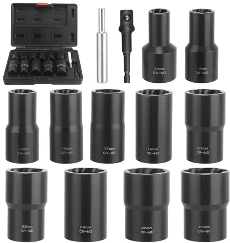 13 Stück Stecknuss Set, 10-27mm Sechseck Bohrer Stecknuss Nuss Adapte,1/2-Zoll-Schraubendreher-Satz zum Entfernen von beschädigten, verrosteten, abgerundeten Schrauben, Muttern und Bolzen
