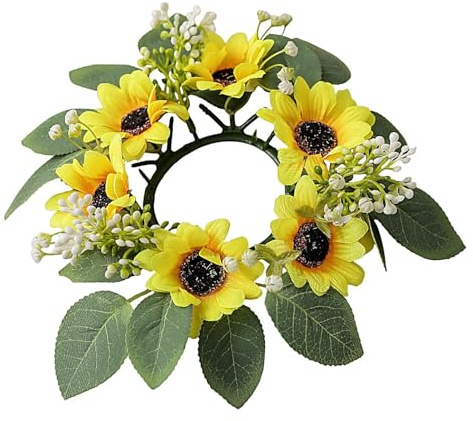 Kerzenkranz | Künstlicher grüner Eukalyptus, gelber Sonnenblumenkranz – 25 cm, rustikales Landhaus-Themen-, Blumenringe für Tafelaufsätze
