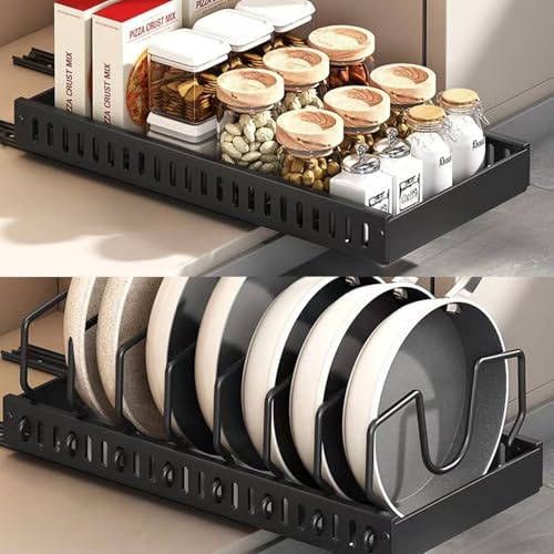 Pull Out Cabinet Organiser,Pan Lid Holder,Pull Out Kitchen Storage,Heavy Duty Storage Slide Out Drawers for Kitchen Cabinets,Pull Out Drawers for Cupboards Living Room,Home(Black/21W*42D*3.2Hcm)