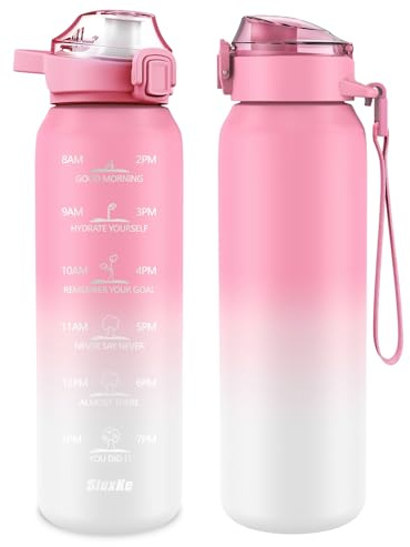 SLUXKE Gourde en acier inoxydable 18/10, 1000 ml (1 l), avec 2 couvercles (avec ou sans paille, Thermosfla, , bouteille isotherme à double paroi pour boissons chaudes, gazeuses et froides