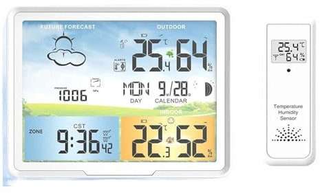 MRKU Termómetro meteorológico, estación meteorológica Digital para Interiores y Exteriores, calendarios, Relojes, higrómetro, Sensor de Temperatura y Humedad PT20A