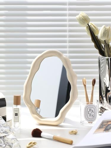 gugululu Cloud Makeup Mirrors for Desk, Tabletop Vanity Mirror Hanging Wall Mirrors Desk Mirror with Adjustable Bracket Decor Aesthetic Mirrors for Office Living Room Bedroom (White)