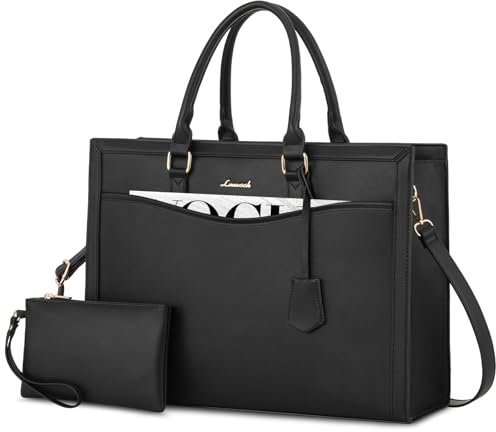 LOVEVOOK Laptoptasche 17 Zoll Schwarz Handtasche Damen Groß Shopper Leder Tote Bag Arbeitstasche Schultertaschen Aktentasche Uni Lehrertasche Shoulder für Business Schule