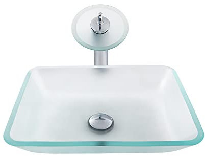 Fregadero de baño de vidrio templado mate, lavabo de encimera de instalación de baño, recipiente rectangular de tocador, lavabo artístico con grifo de cascada de latón cromado desplegable