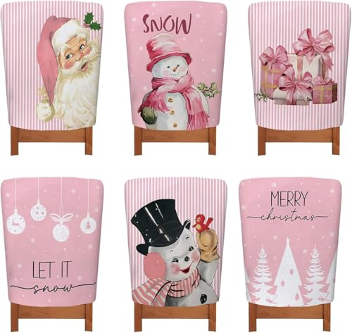 Treer Stuhlhussen Weihnachten 6er Set, Stuhlüberzug Weihnachts Themen Weihnachtsdeko für Weihnachten Deko, Zuhause, Küche (Rosa)