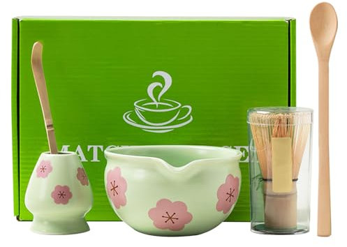 Matcha Set Whisk and Bowl Matcha Tea Set with Matcha Whisk, Traditional Matcha Spoon and Matcha Whisk Holder(Green)