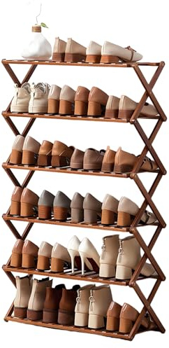 Zapatero de bambú con 6 capas plegable para almacenamiento de zapatos para entradas, pasillos y espacios pequeños, color nogal (70 cm)