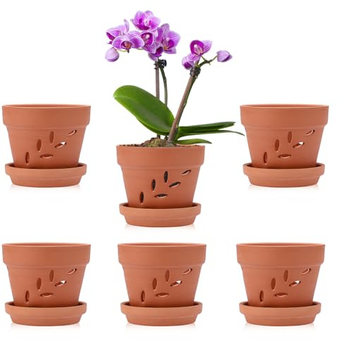 SUMTree Lot de 6 pots à orchidée en terre cuite de 10 cm avec trous et soucoupes - Petits pots à orchidée en terre cuite pour intérieur et extérieur - Favorise la circulation de l'air