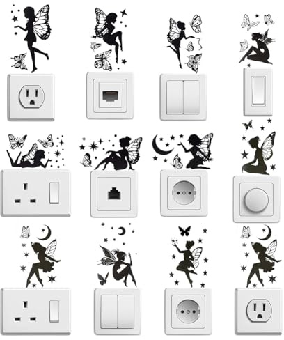 PLIGREAT 12 pegatinas de interruptor de hada mariposa luna negra estrella interruptor de luz placa pegatinas lindas etiquetas pegatinas para enchufes de pared zócalo barra sala de estar 16 x 10 cm