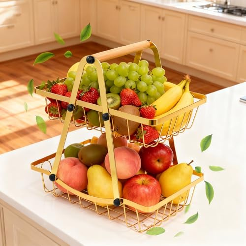 Yesaler Porta Frutta da tavolo 2 Piani Cesto di Frutta Staccabile Portafrutta a Ripiani Resistente Porta Frutta e Verdura per Snack Verdure Pane Oro