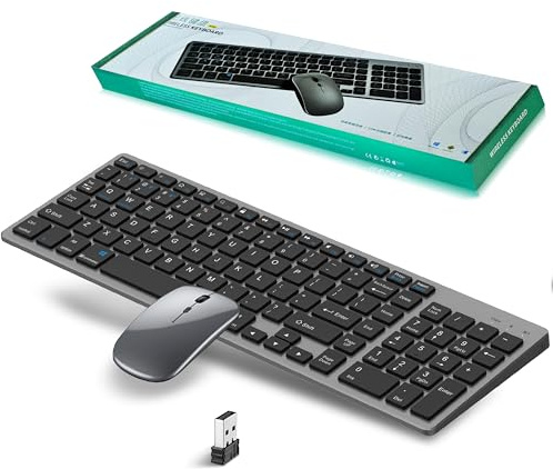 Ensembles Clavier Souris sans Fil Bluetooth & 2.4Ghz USB,Trois Modes,Quatre Canaux,Clavier et Souris sans Fil Rechargeable Silencieuse,Clavier Ultra-Fin avec Pavé Numérique pour PC/Laptop/Mac,QWERTY