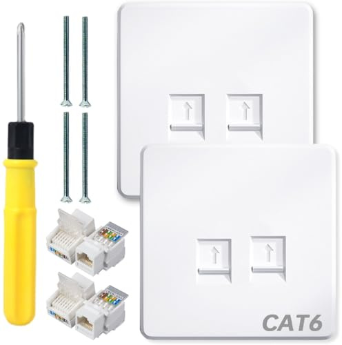 Acmerota RJ45 Socket Faceplate CAT6 Wall Plate RJ45 Wall Sockets Cat6 2 Port Ethernet Wall Socket for Ethernet Cable Networking Socket Box, Tool-Free Network Connector Module