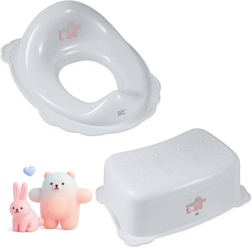 Hylat Baby Kinderhocker & Kindertoilettensitz Set - Rutschfester Tritthocker + Toilettenaufsatz für Kleinkinder - BPA-frei, Ergonomisch, Für Töpfchentraining & Bad - Grau mit Friends-Motiv