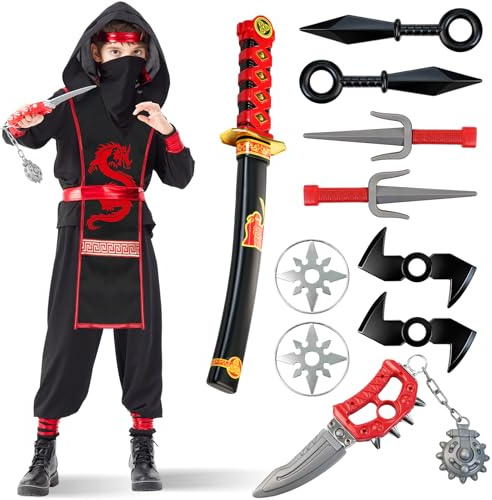 Lozzzyo Costume Ninja di Carnevale per Bambini Maschi con Abito Ninja e Armi Vari, Costume Drago per Bambini, Ideale per Carnevale, Halloween, Cosplay e Spettacoli di Scena (XL)