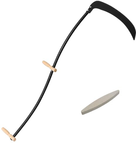 Gecheer Sense mit Schleifstein, Garten Sense mit Stahlblatt und Holzgriffen, 145 cm Gesamtlänge, 59 cm Blattlänge, inklusive Schleifstein für Gartenarbeit und Unkrautentfernung