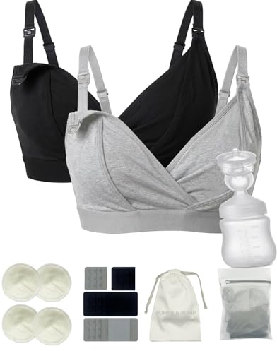 PUMPKIN PUMP Pumping Bra Hands Free, Nursing and Pumping Bra in One, Maternity Comfort V-Neck Bra Holding Breast Pumps 2 Pack (Black & Grey) with Nursing Pads, Extenders & Wash Bag & Storage Bag Set