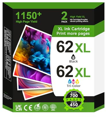 62 XL Cartuchos de Impresora Multipack, 62XL Cartuchos Negro y Color Compatibles con Cartucho Original HP 62 para Envy 5541 5544 5646 5744 5540 5542 5546 5640 5646 OfficeJet 200 200c 250 250c 5740