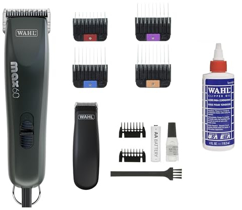 WAHL Tierhaarschneide-Set Max 60+Pocket Pro – Haarschneidemaschine und Trimmer für Haustiere, Pflege-Set für Haustiere, vibrationsarm, leicht + WAHL Öl – 118,3 ml, verbessert die Leistung der Klingen