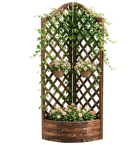 Pflanzkübel mit Rankgitter 67x45x150cm, Verkohlter Holz Blumenkasten mit Spalier, Hochbeet Pflanzkasten, Rankhilfe für Kletterpflanzen, Gartenspalier für Balkon Garten Terrasse