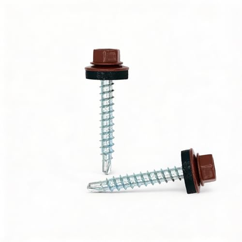 Color-Head Trapezblechschrauben 100 Stück, Farbe Oxidrot RAL3009, 4,8x35mm, Bohrschrauben, Blechschrauben mit EPDM-Unterlegscheibe, Dachschrauben verzinkt für Trapezblech & Blechdach