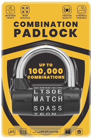 JJ PRIME 5 Letters Outdoor Combination Padlock, Black 8mm, Large