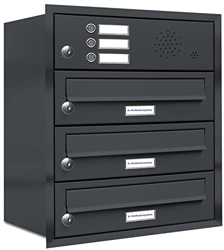 AL Briefkastensysteme, 3er Unterputzbriefkasten Anthrazit Grau, 3 Fach Briefkasten mit Klingel, Briefkastenanlage modern, RAL 7016 Postkasten