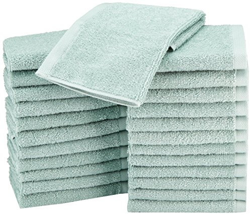 Amazon Basics Highly Absorbent, Fast Drying 100% Cotton Washcloths for Bathroom, Machine Washable, 12 x 12 inches, Seafoam Green, 24-Pack