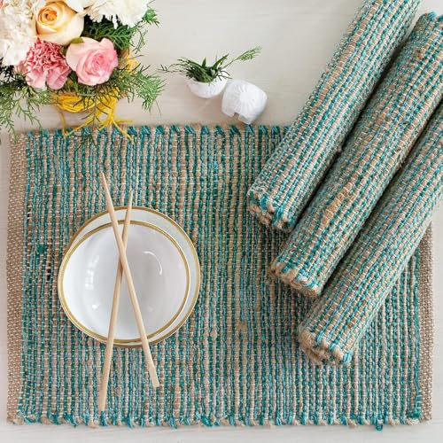 Chardin Home Natural Jute & Aqua Turquoise Placemats, Set of 4 – Rustic Handmade Boho Table Mats, 13x19 in Dining Table Placemats - Kitchen, Everyday Meals, Holidays, Farmhouse or Modern Table Décor