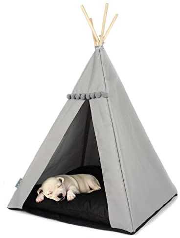 Tipi für Katzen und Hunde mit Bommeln, Wasserdichtes Haustierzelt mit Rutschfester Basis, Hunde- und Katzenhaus (Graues, schwarzes Kissen, 55x55cm)