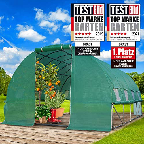 BRAST® Gewächshaus Foliengewächshaus mit Stahlfundament | 2x3m - 3x8m | inkl. Erdanker & aufrollbare Seitenwände mit Moskitonetz | UV-stabilisierte & verstärkte Gitterschutzfolie 200g/m² | 300x400cm