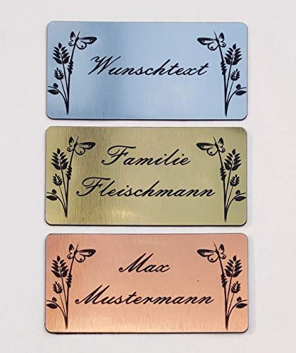 Personalisierbares Klingelschild – Blumen – graviertes Namensschild – selbstklebend mit 3M – wetterfest – Made in Germany – viele Farben & Größen – Kunststoffschild für Briefkasten