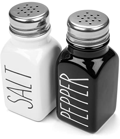 Heartland Home Farmhouse Ceramic Salt and Pepper Shakers Set with Extra Lids. 100% Stoneware Salt and Pepper Shaker Set. Black Pepper and White Salt Shaker with Lid x4. Kitchen Salt Pepper Shakers