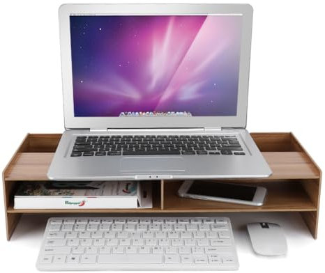 Dpofirs Monitor Stand Wooden, Multifunctional Wooden Office Desk Organiser Desktop Computer Screen Riser for Laptop Notebook Monitor, 7.5 * 7.5cm Laptop Stand DIY Style Stitching(Cherry wood)