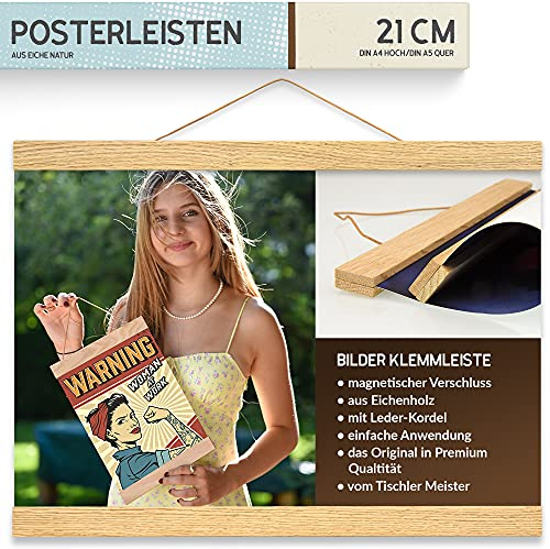 charlique® Magnet Bilderleiste aus Holz 21 cm | A4 | A5 – Klemmschiene für einfachen Bilder Wechsel – die Premium Posterleiste aus Eiche in Tischler Qualität