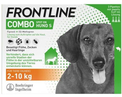 FRONTLINE Combo Hund S gegen Zecken, Flöhe & Haarlinge (kleine Hunde 2 bis 10 kg) - 3X Pipetten für bis zu 3 Monate Schutz - auch gegen Floheier, Larven & Puppen im Haushalt - wasserfest
