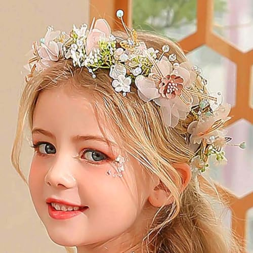IYOU Blumenmädchen Haarschmuck Rosa Blume Blatt Stirnband Geburtstag Kommunion Kopfschmuck für Prinzessin Kostüm Hochzeit